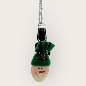 Handmade Spoon Snowman Christmas Ornament Green Felt Hat Bell